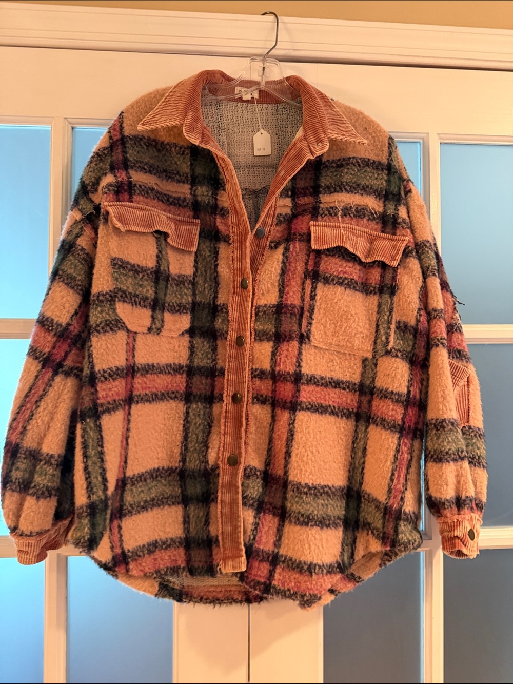 POL Plaid Teddy Shacket in Peach, Green & Black